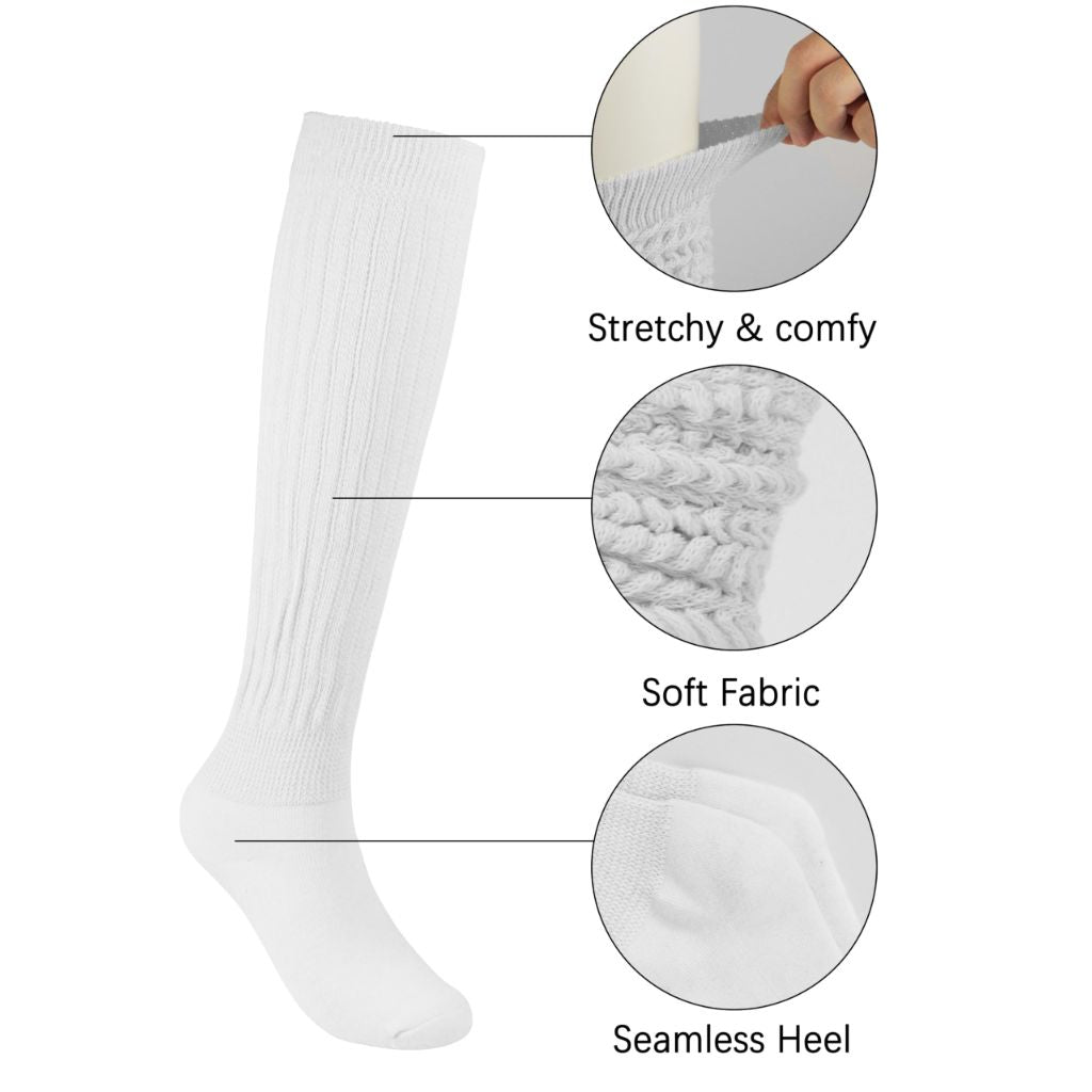 Sooneeya Slouch Socks - Knee High Scrunch Boot Socks for Women, Size 5-11, White (3 Pairs)