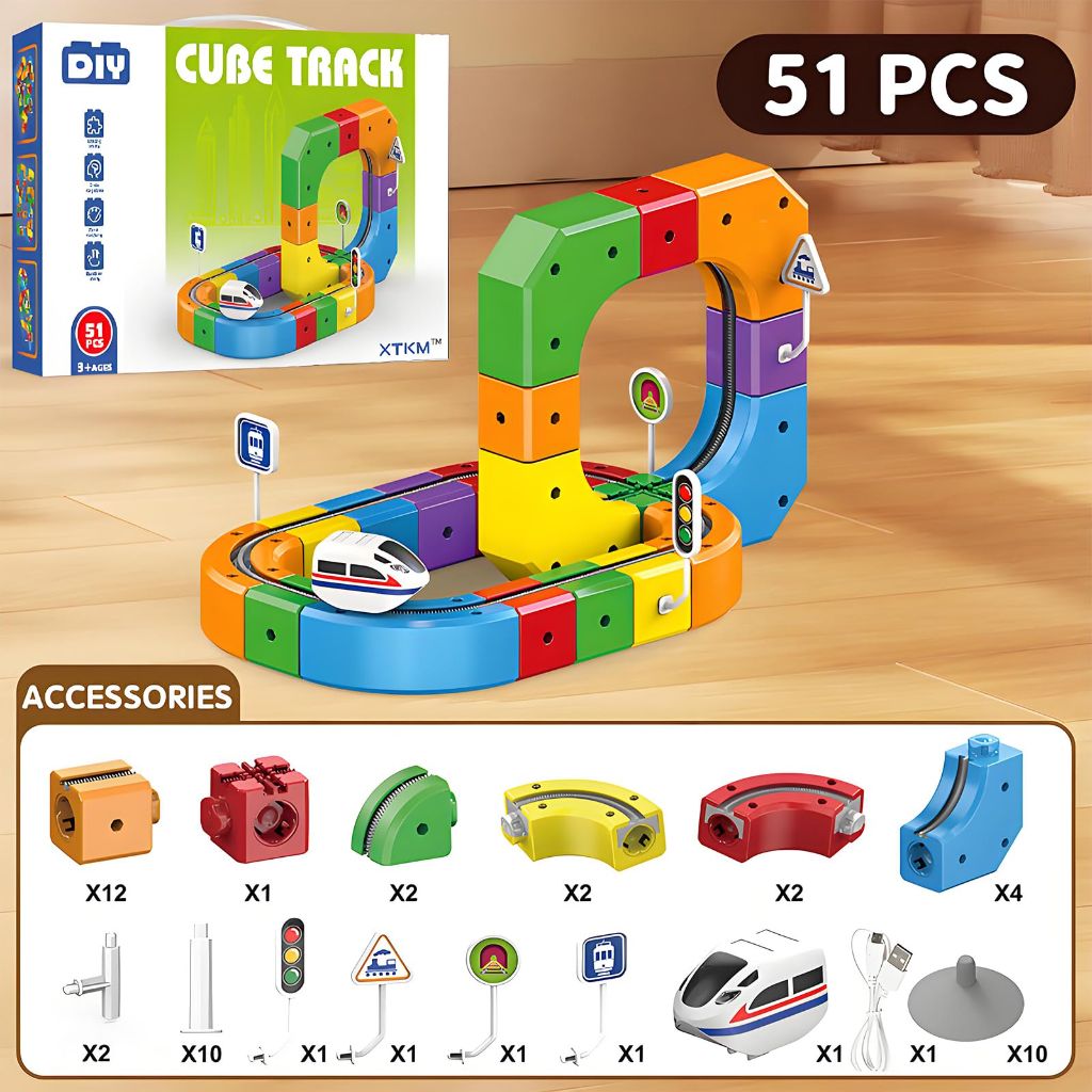 Electric Magnetic Train Track Set, 3D Anti-Gravity Flexible Race Tracks with Motorized Train and Traffic Signs, STEM Building Toy for Kids