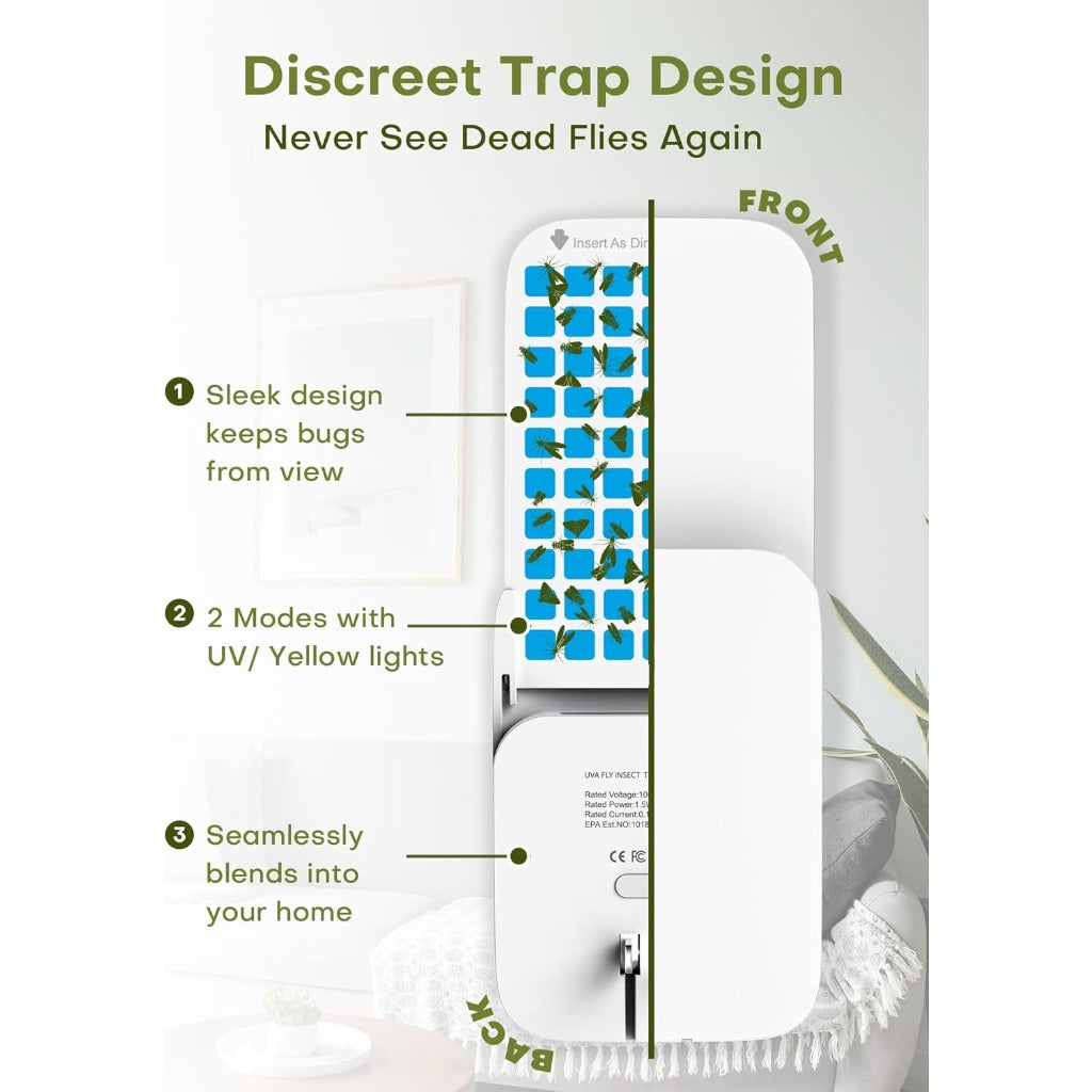 Flying Insect Trap Indoor - Plug-in Fly Catcher and Killers Includes Refills for House Flies, Fruit Flies, Gnats,and Moths, Bug Light Killer, Cover up to 600 ft², Off-White, 2 Traps + 8 Refills
