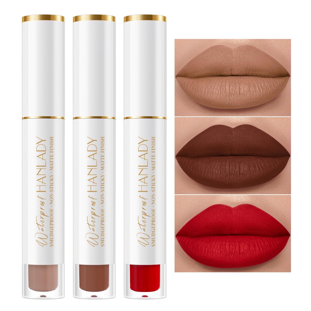 HANLADY Matte Liquid Lipstick Set - 3 Nude & Red Shades, Long Lasting, Waterproof
