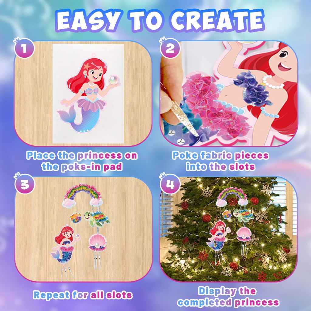 AevumTech Poke-in Crafts, Mermaid Wind Chime & Ocean Theme DIY Craft Kit, Arts and Crafts for Kids, Poke in Art Crafts Kits for Halloween, Birthday, Christmas Gifts for Girls 4-12 Years Old
