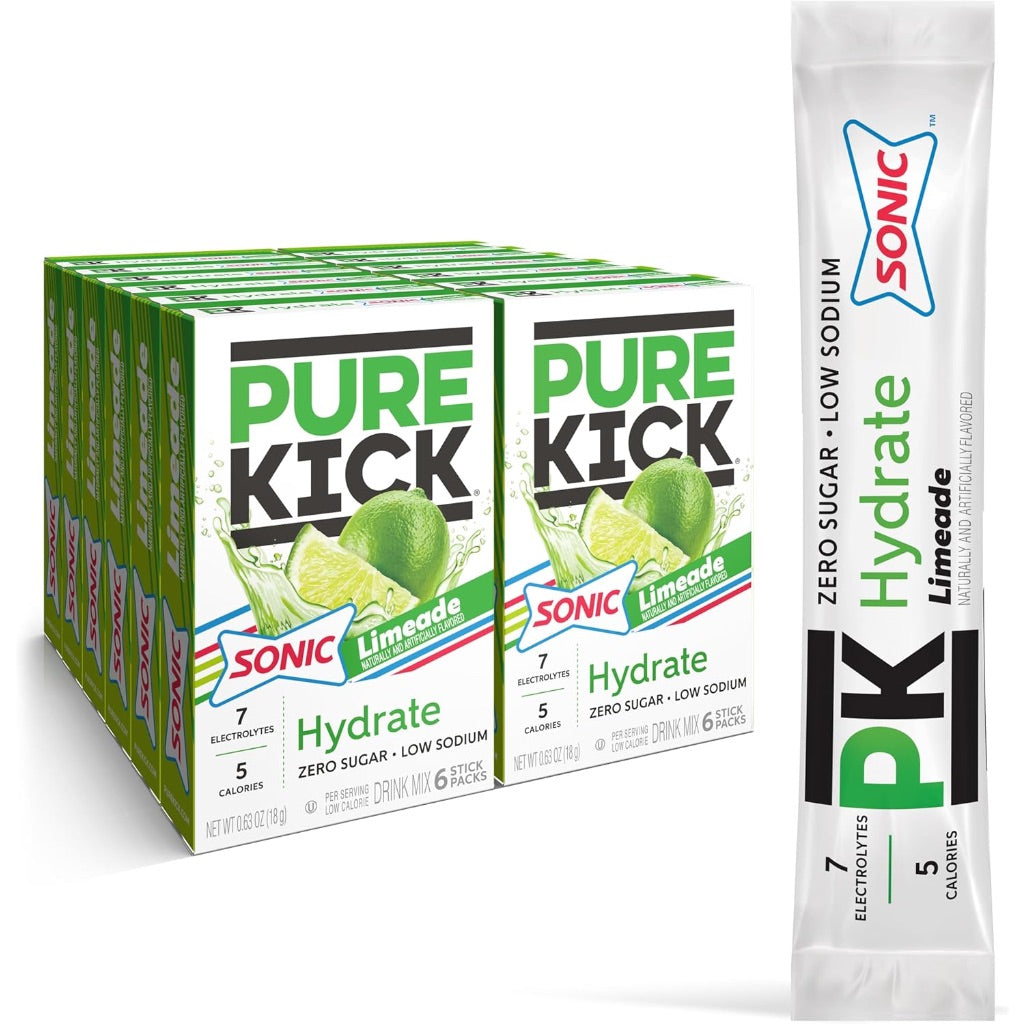 PURE KICK Hydration Singles to Go Drink Mix, Sonic Limeade, Includes 12 Boxes with 6 Packets in Each Box, 72 Total Packets