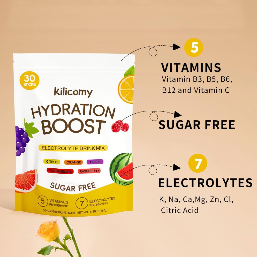 Kilicomy Sugar Free Electrolyte Powder Packets, 5 Vitamins & 7 Electrolytes for Fast Hydration,  30 Sticks