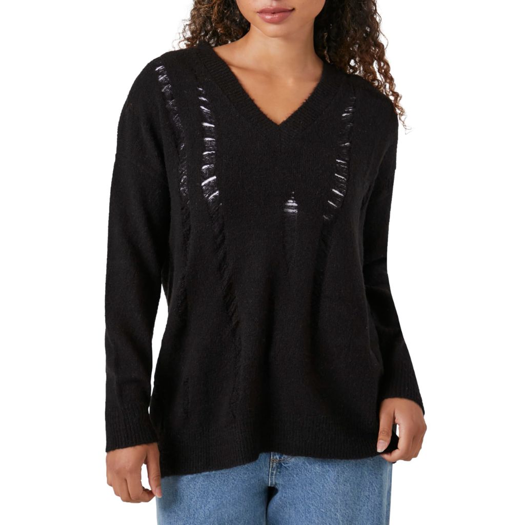 Forever 21 Women's Open-Knit V-Neck Sweater, Black, X-Small