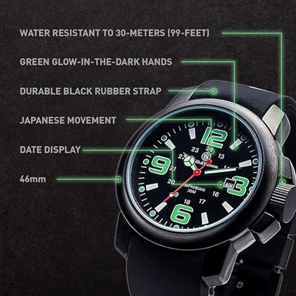 Smith & Wesson Men's Amphibian Commanda 46mm Watch, Black Dial, Black Titanium Case w/Rubber Strap (CC-SWW-1100)