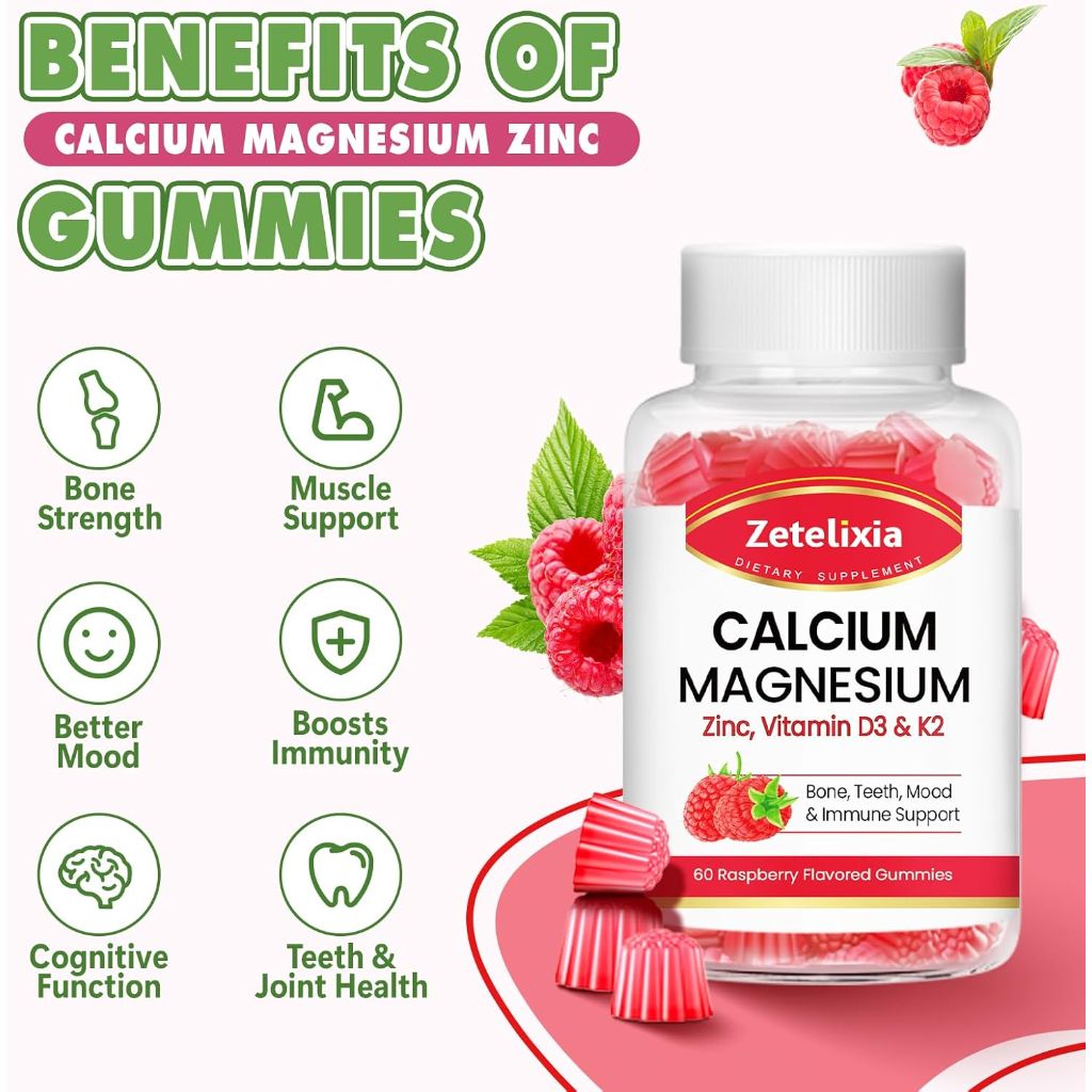 Calcium Magnesium Zinc Gummies with Vitamin D3 & K2 | Raspberry Flavor - 60 Count