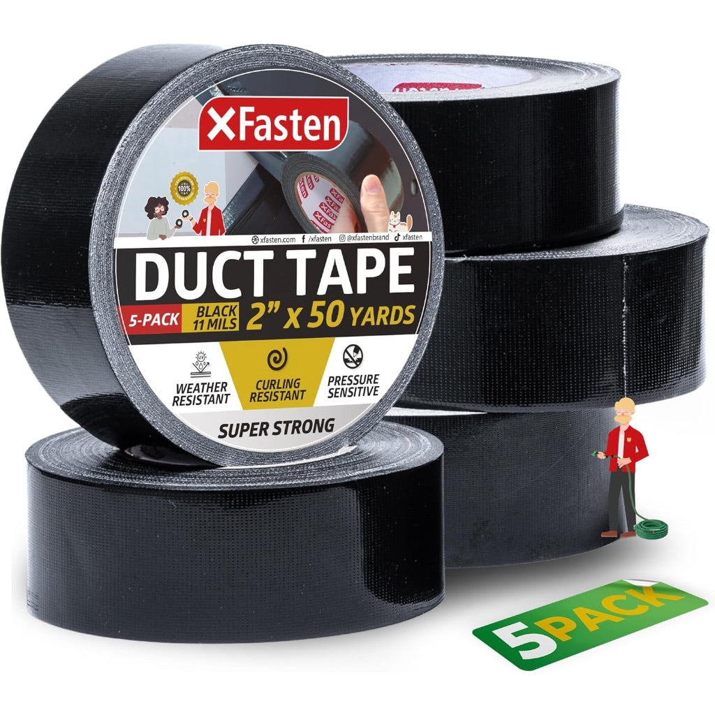 XFasten Heavy Duty Duct Tape 2” x 50 Yards (5-Pack, 750ft Total) 11mils Extra Thick and Waterproof H- Black