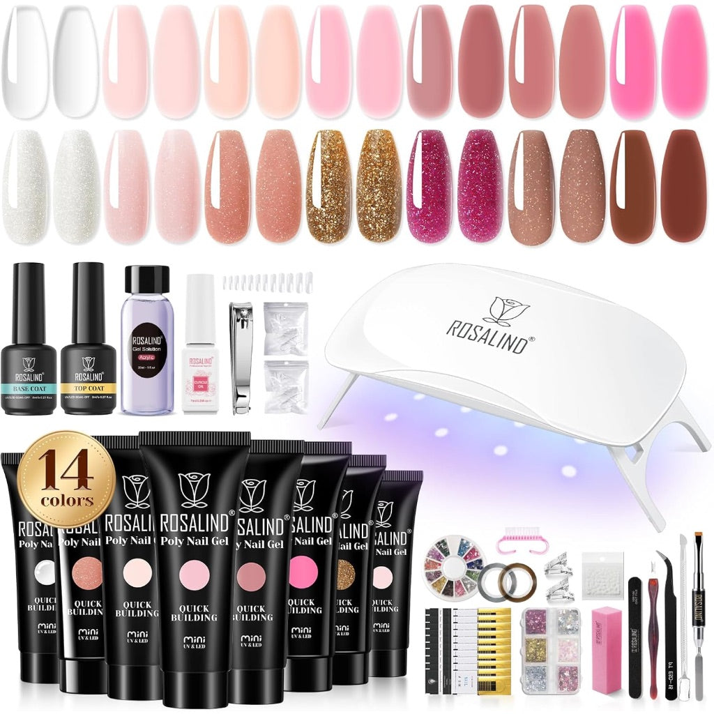ROSALIND Poly Nail Gel Kit Starter -14 Colors + 72 Nail Art Accessories kit Builder Clear Pink Glitter Gel with Mini U V Lamp Nude Pink Strengthener 3D Molding