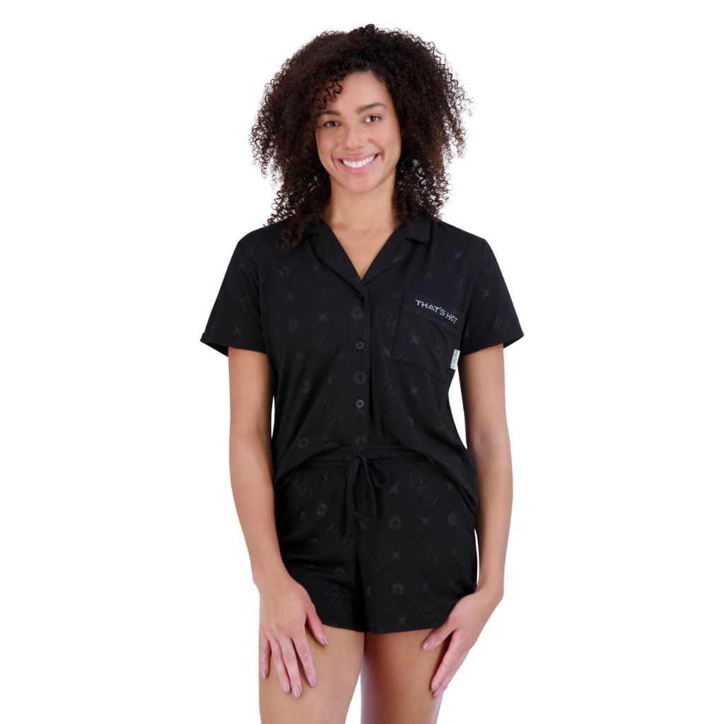 Paris Hilton Women's Short Sleeve Notch Collar and Drawstring Shorts Shiny Foil PARIS Pajama Set, Black PARIS, XL