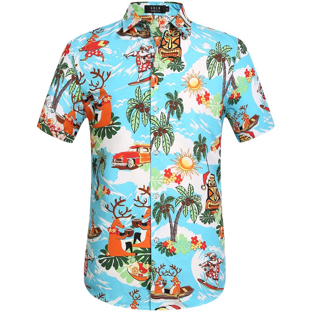 SSLR Christmas Shirts for Men, Santa Claus Party Ugly Funny Family Vacation Hawaiian Shirt (Medium, Bright Blue)