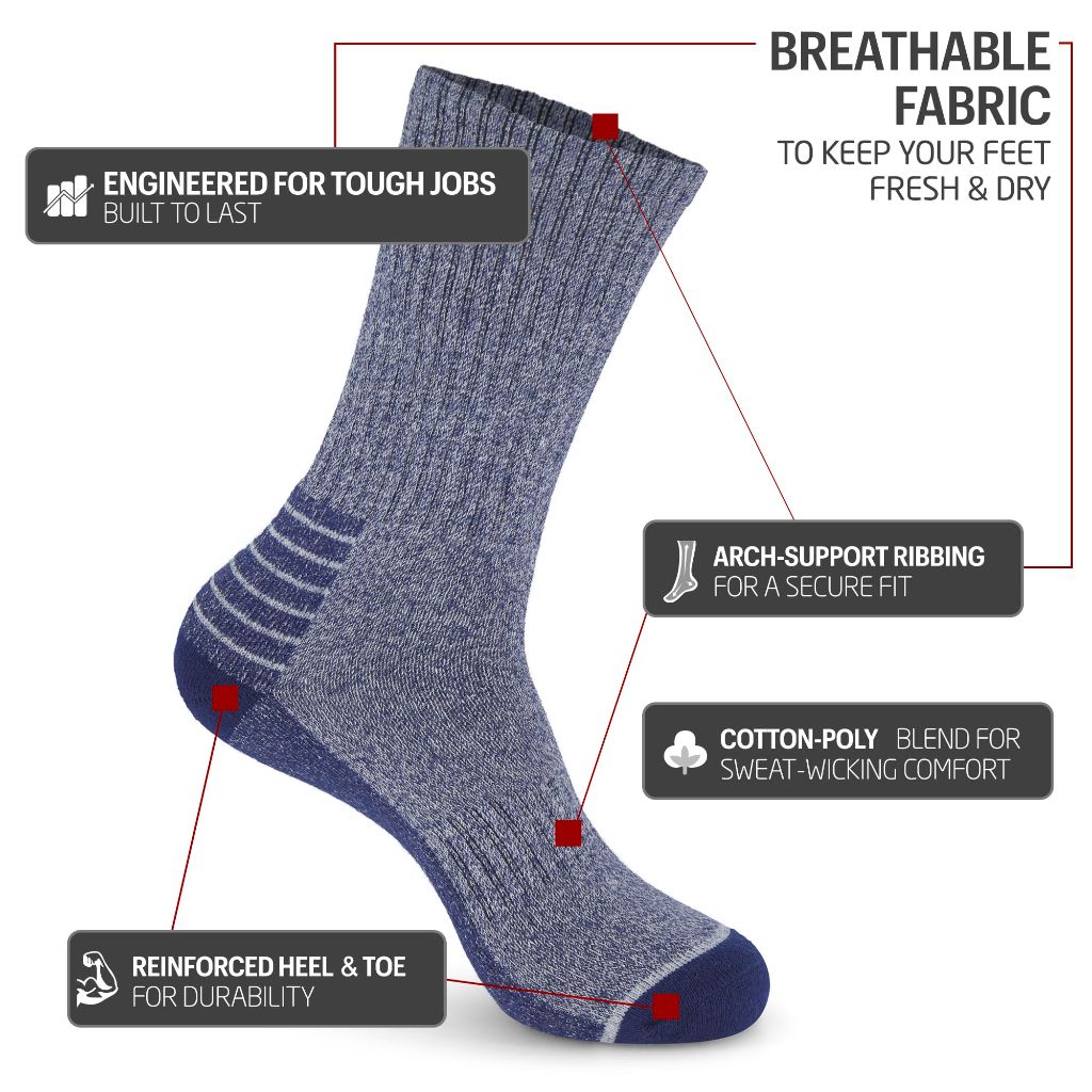 HOT FEET Work Socks for Men – Boot Crew Cotton Socks, Cushioned & Moisture Wicking, Durable 10-Pack, Size 6-12.5, Gray Blue