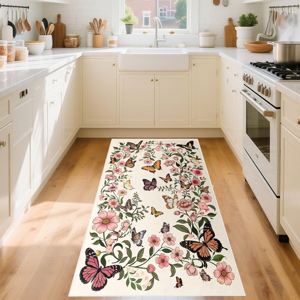 FSUVSJBGT Floral Butterfly Round Rug 4ft - Washable Circle Rug Soft Large 4x4, Beige