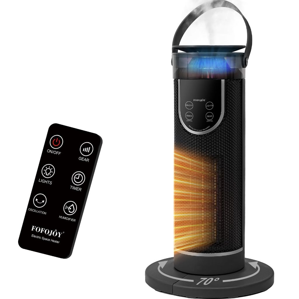 Space Heaters for Indoor Use, Electric Space Heater with Remote, Humidifier, 12H Timer, 3 Modes, Oscillation, Ambiance Light,1500W/750W Portable Heater for Room