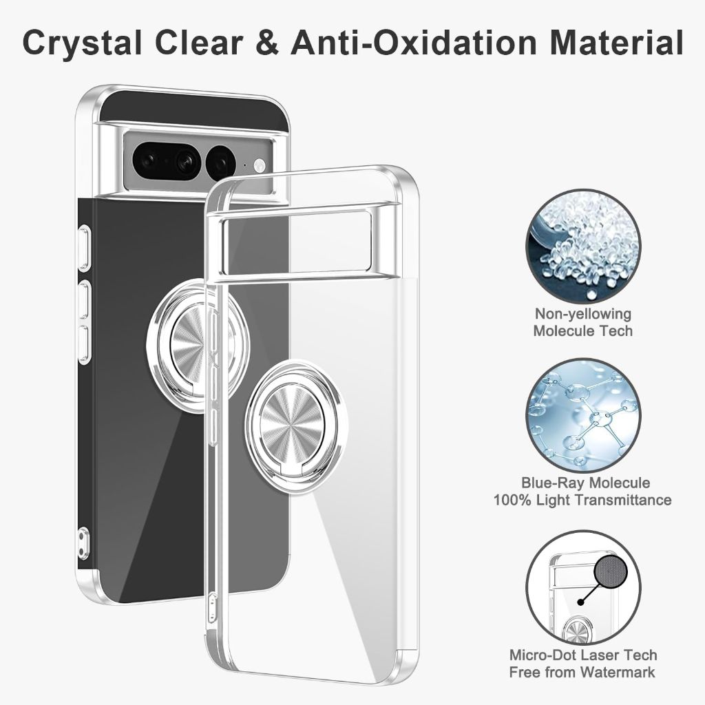 Tnarru Designed for Google Pixel 7 Clear Case with Stand [Magnetic Ring Holder Kickstand] Silver