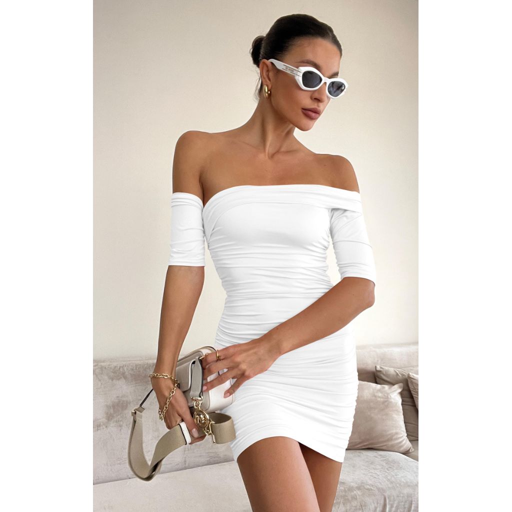 GOBLES Women's Summer Short Sleeve Sexy Bodycon Ruched Mini Dress White (L)