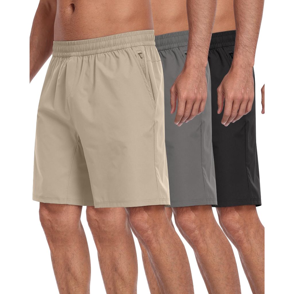 PARISDIARY 3 Pack Men's Athletic Running Shorts with Zipper Pockets, Black, D-Gray, Khaki-XXL