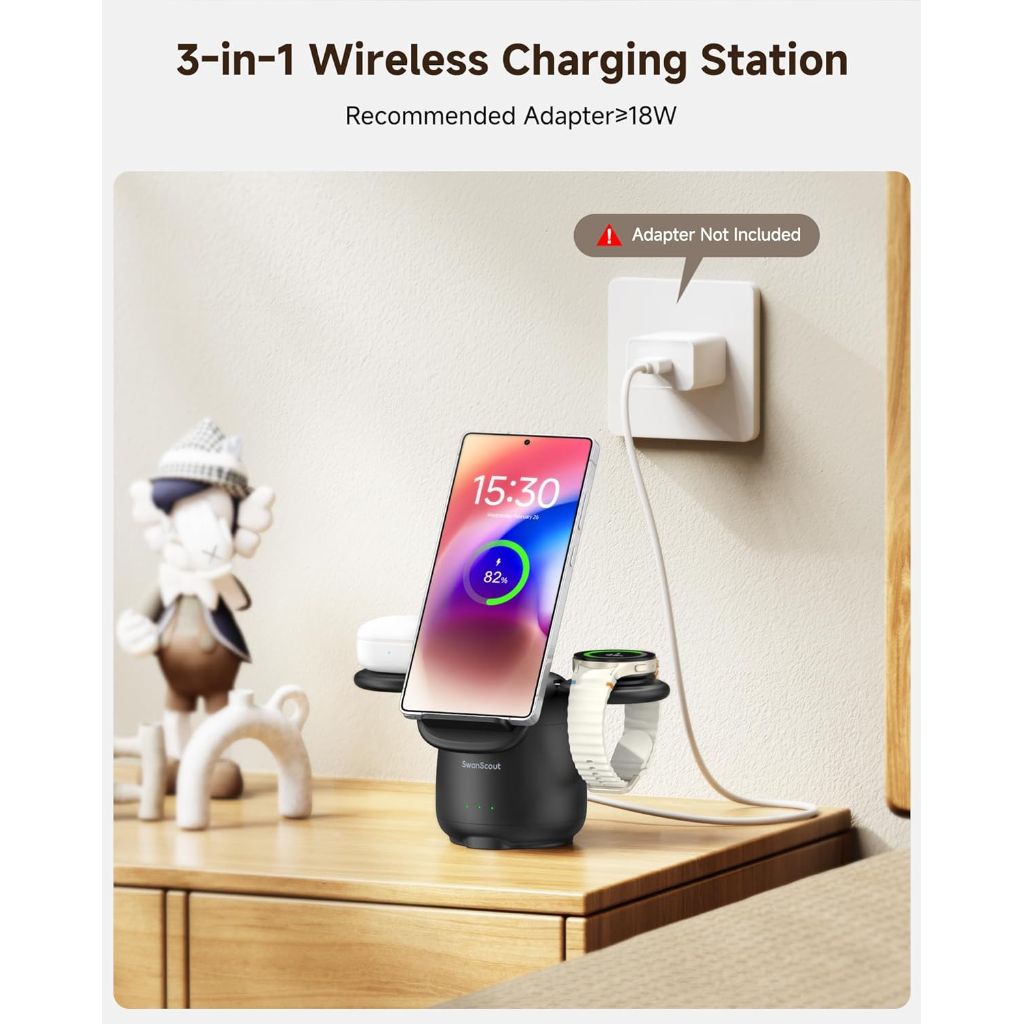 Wireless Charger for Samsung S26+, 3 in 1 Charging Station for Samsung Galaxy S25 Ultra/S25/S24/Z Flip7/Fold7, for Galaxy Watch8/7/Ultra/6/5/4/Buds3 Pro, SwanScout 707S (No Adapter) (Black)