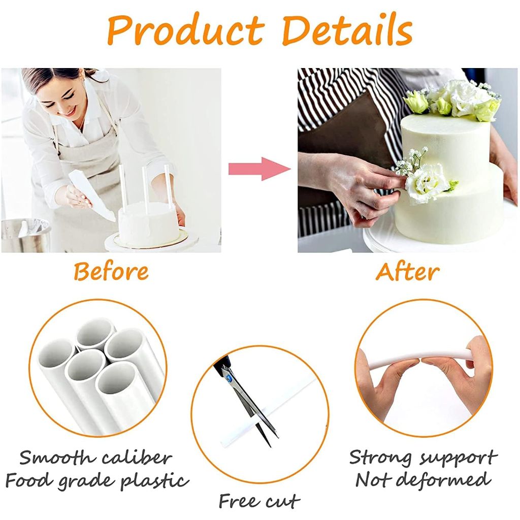 DaTpuik 10PCS 14 Inch White Plastic Cake Dowel Rods for Tiered Cake Construction and Stacking Supporting Cake Round Dowels Straws with 0.4 Inch Diameter