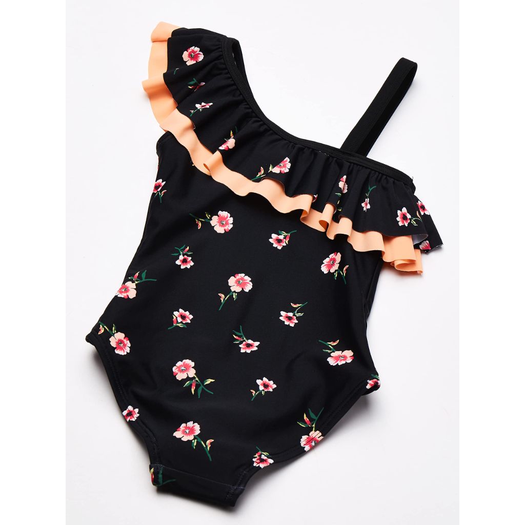 Kanu Surf Girls' Morgan Floral Ruffle 1-Shoulder 1-Piece Swimsuit, Black - size 5