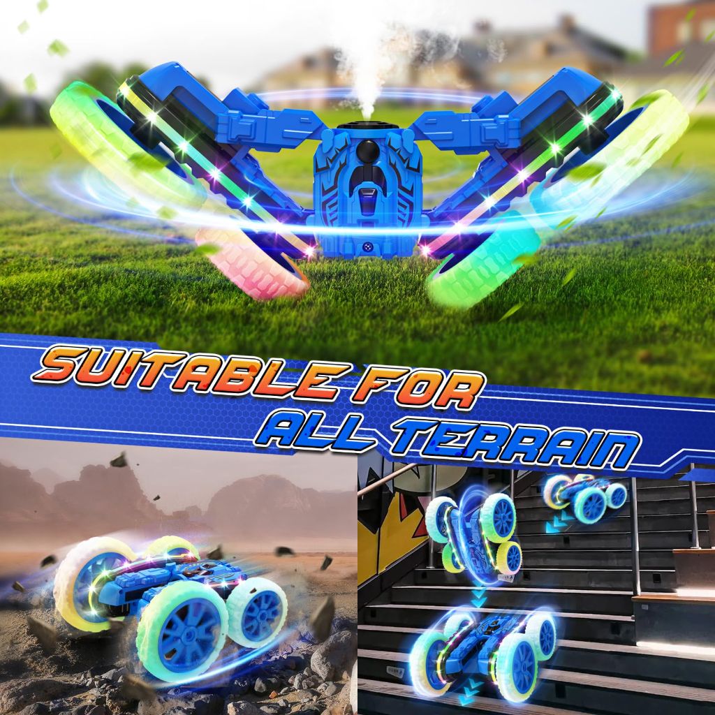 Jimdella 2-in-1 Remote Control Car: Transform 4WD with Spray & LED Lights - Blue