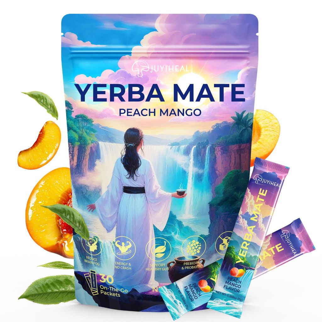 JUYIHEAL 30 Sticks Instant Yerba Mate Powder Packets, Sugar-Free, Peach Mango