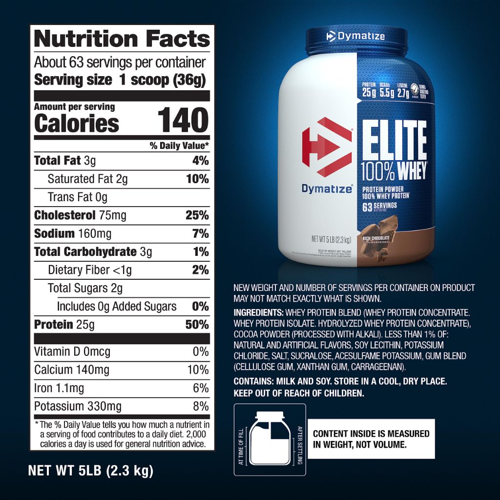 Dymatize Elite 100% Whey Protein Powder - Rich Chocolate, 5lb (63 Servings)