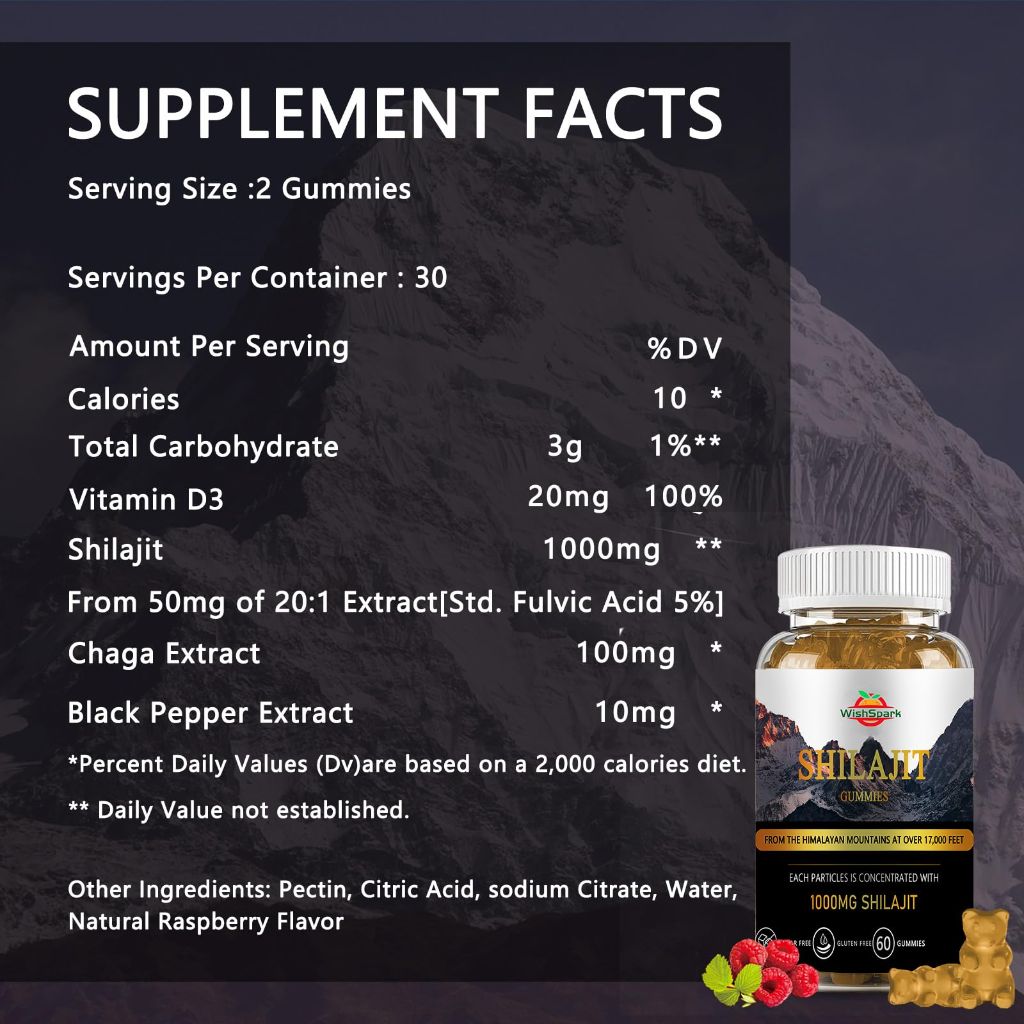 Shilajit - Pure Himalayan Shilajit Gummies 1200mg with Chaga, (60) Gummies Raspberry Flavor