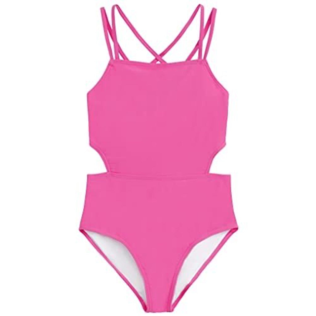 Kanu Surf Girls' Beach Sport Cut-Out 1-Piece Swimsuit  Solid Pink  10
