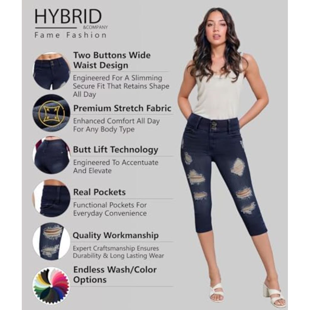 Hybrid & Company Women's Super Comfy Stretch Destructed Denim Bermuda Shorts Capri - Size 22