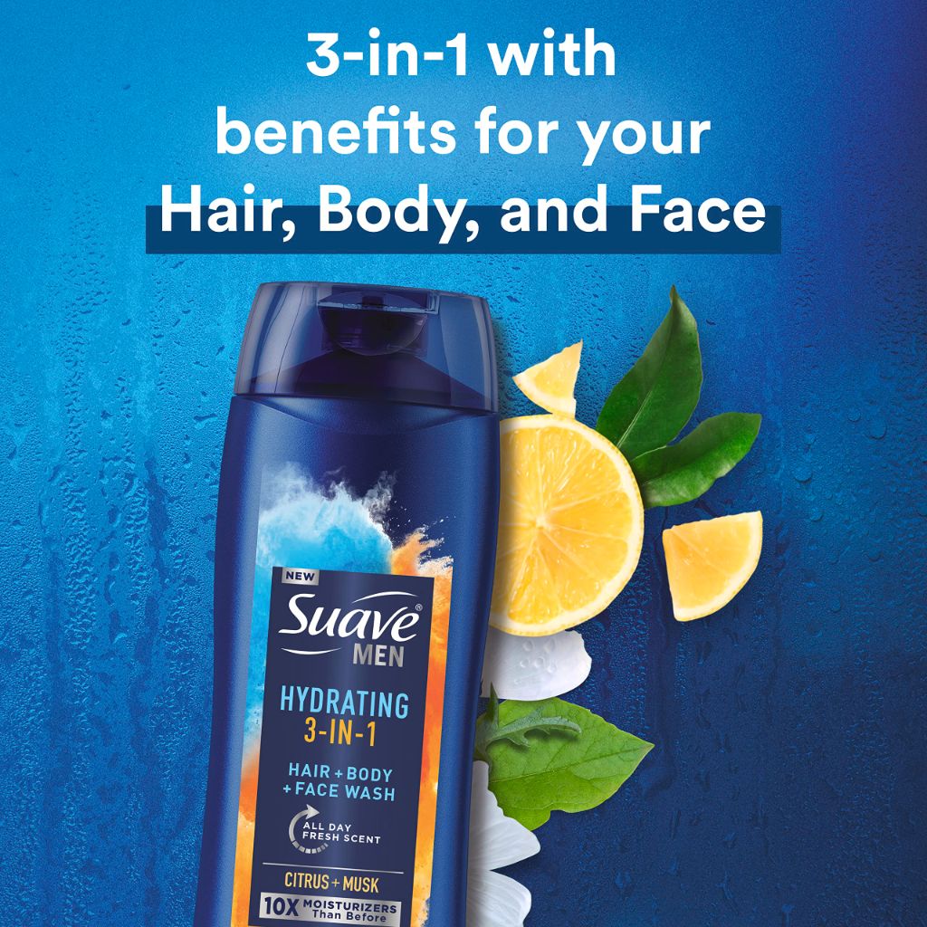 Suave Men 3 in 1 Hair, Body and Face Wash - Citrus & Musk Scent 18 fl oz