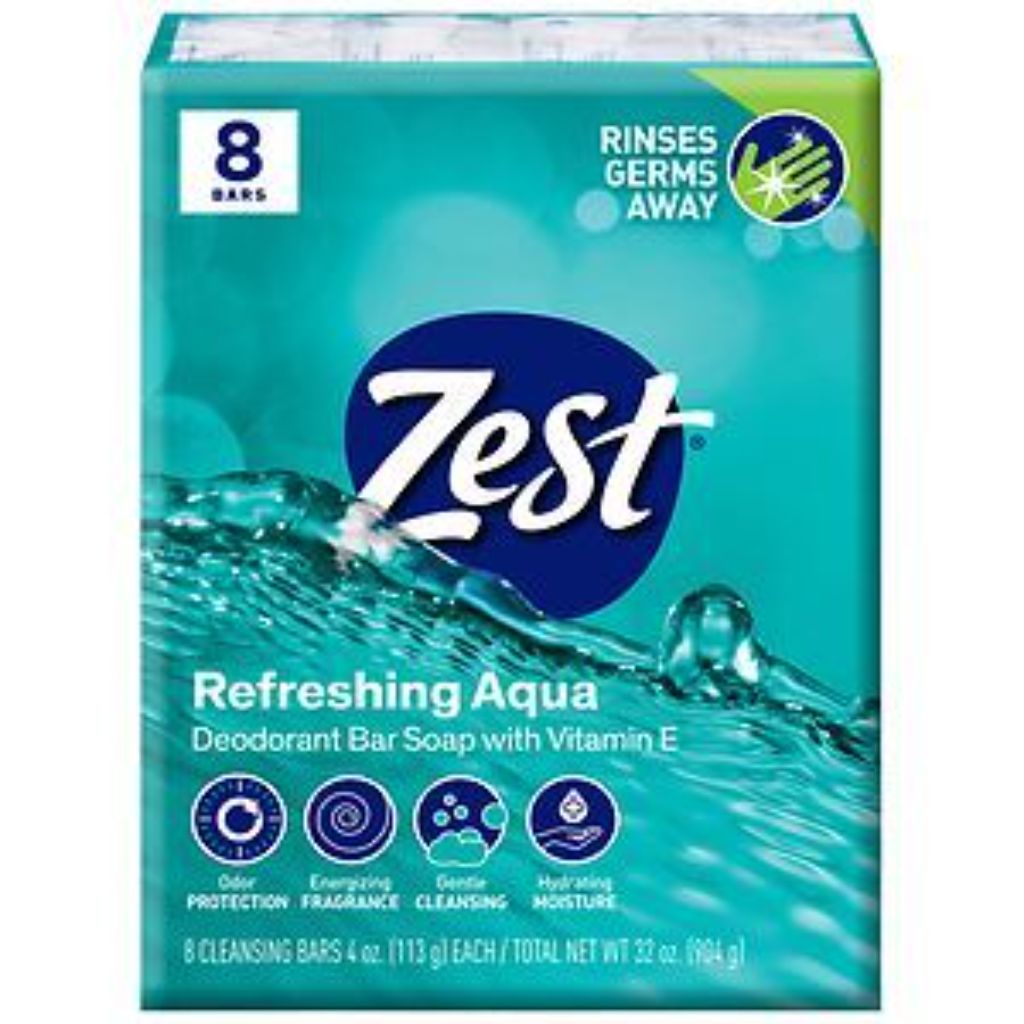 Zest Deodorant Bar Soap with Vitamin E - Aqua, 4oz (8 Bars)