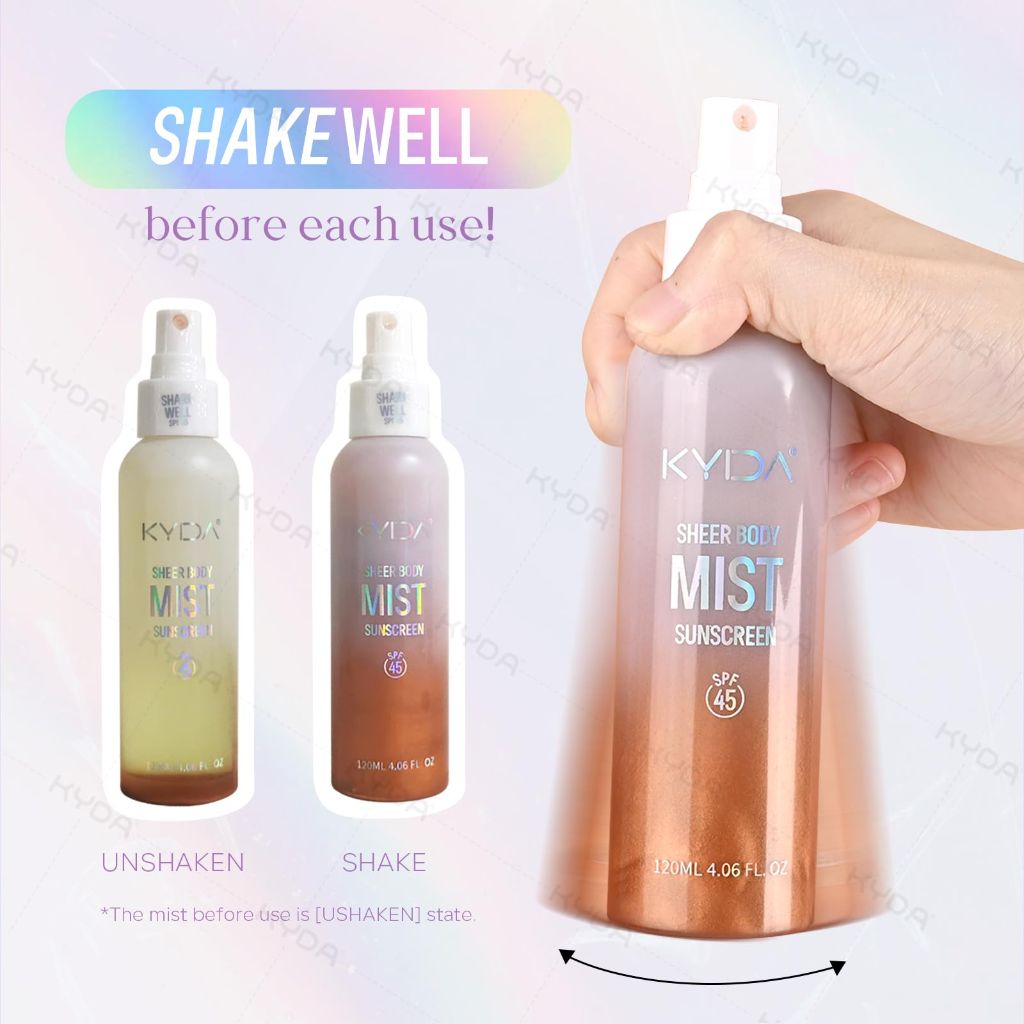 KYDA Sheer Body Sunscreen Mist, SPF 45, Radiant Glow Sunscreen Spray | 4.06 fl oz, AMBER