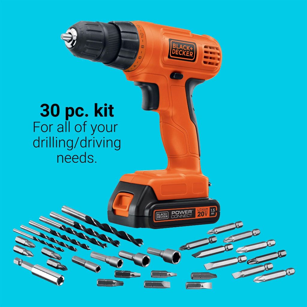 BLACK+DECKER 20V MAX POWERCONNECT Cordless Power Drill Driver with 30 Piece Bit Set, Battery and Charger Included (LD120VA)