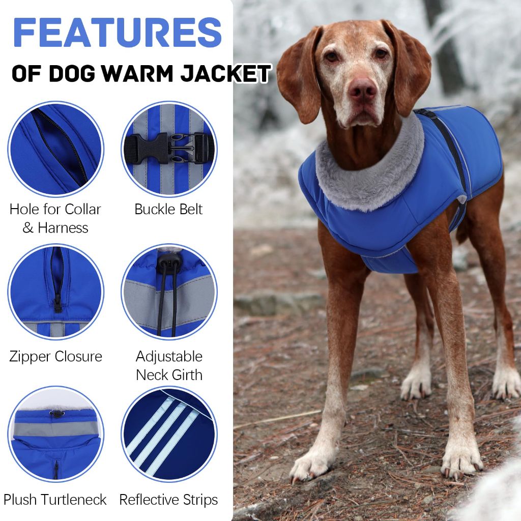DENTRUN Waterproof Dog Cold Weather Coats Windproof Fleece-Lined with Reflective Strips & Adjustable Turtle Neck, Dog, 2XL