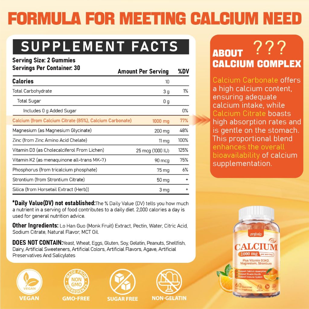 Calcium Citrate Supplement Gummies for Adults -orange flavor 60ct.