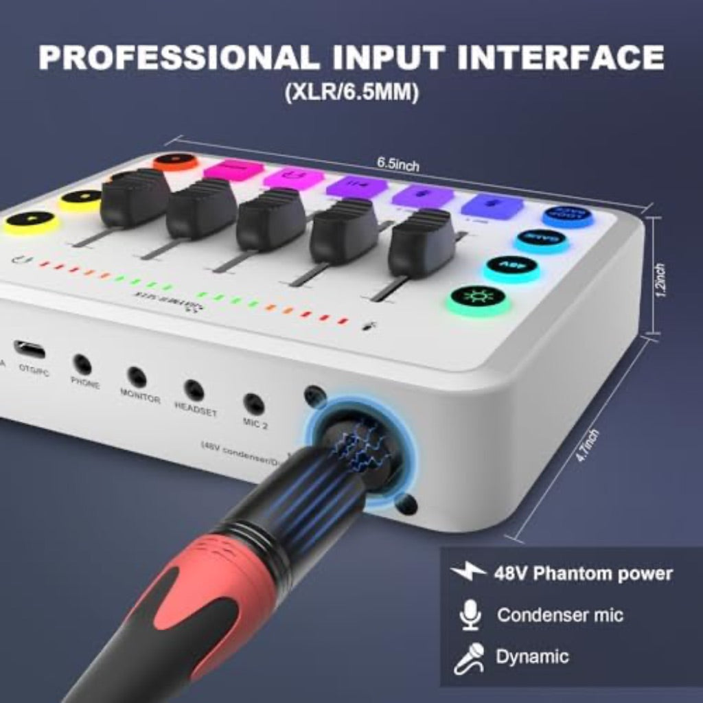 Gaming Audio Mixer Bundle, XLR Audio interface with 48V Condenser Microphone, 5-Channels, RGB