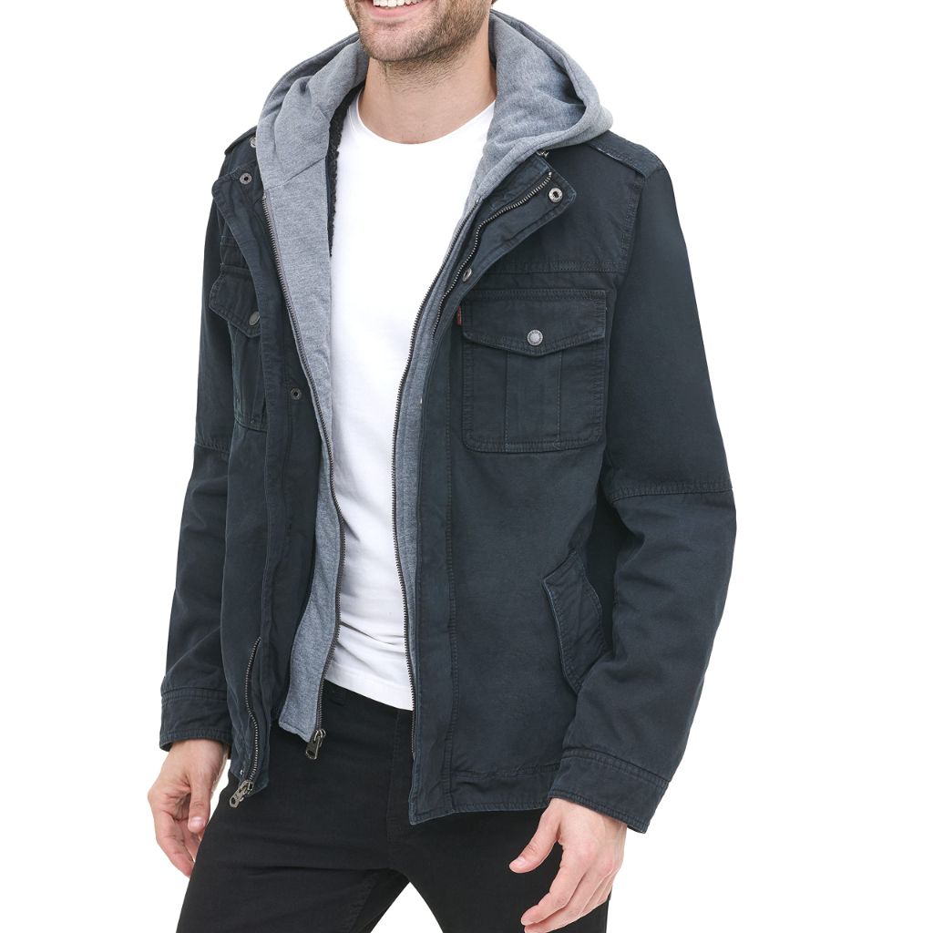 Levi's Men's Washed Cotton Military Jacket with Removable Hood, Navy, Medium