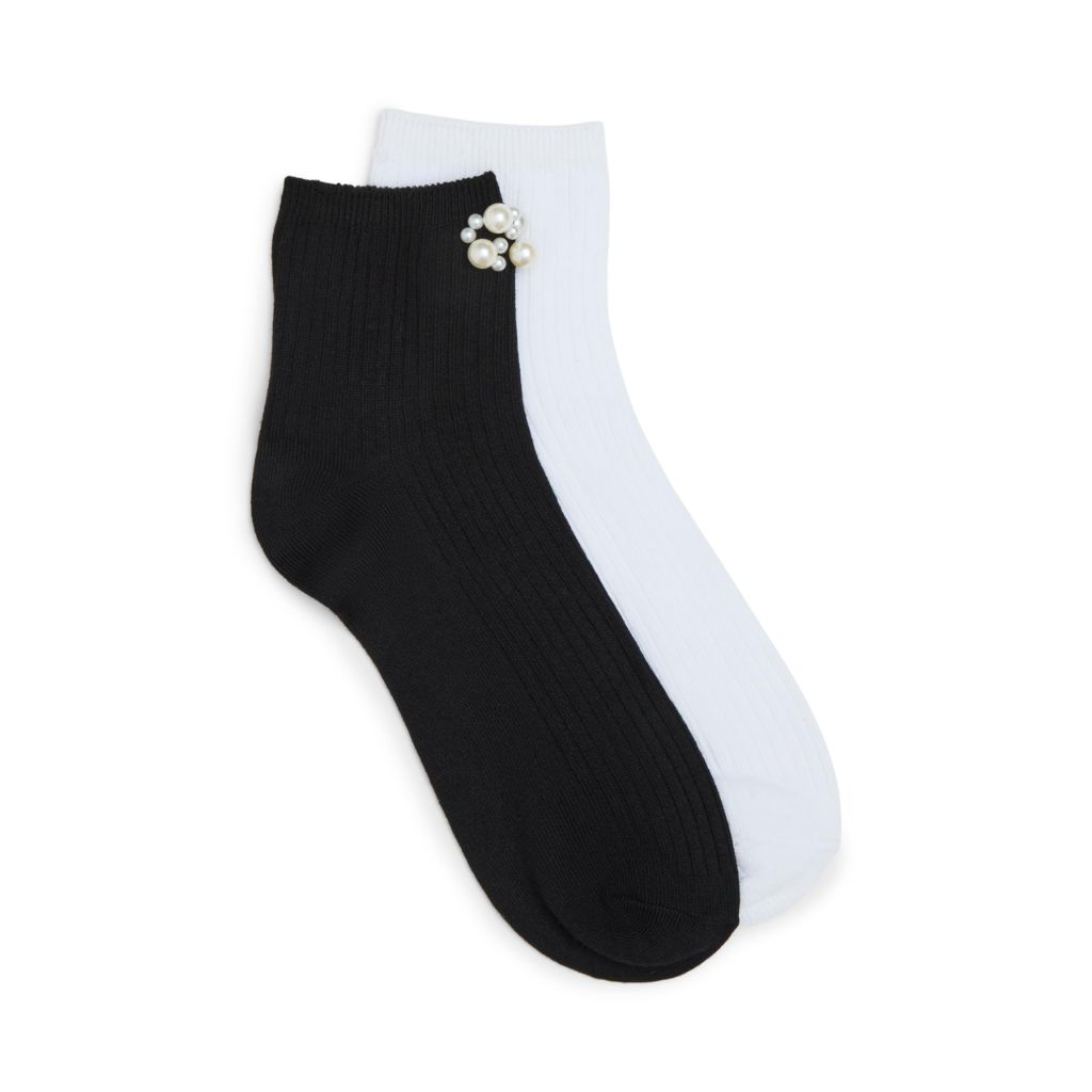 STEVE MADDEN Women's 2-Pack Pearl Cluster Rib Anklet Socks, Black Multi, 9-11