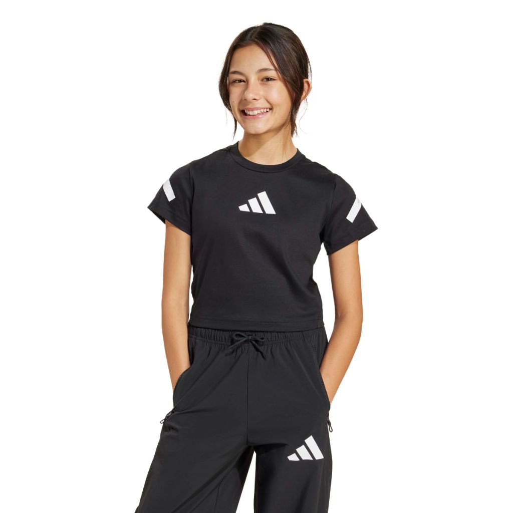 Adidas Girls Z.N.E. Cropped Fitted Sportswear T-Shirt, Black/White, Small