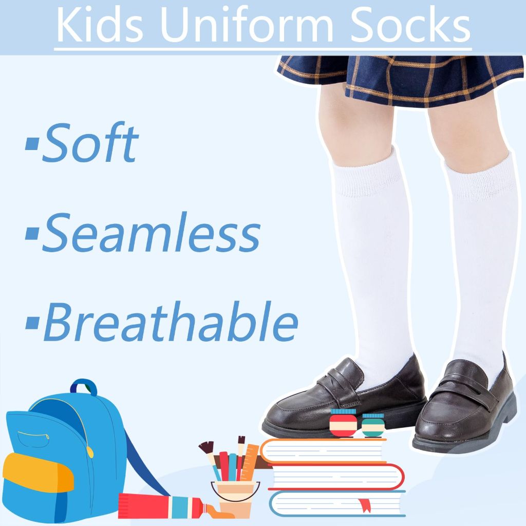 Mini angel Girls Knee High Socks Seamless Boys School Uniform Socks Kids Soccer Socks Cotton Long Socks 8-10 Years, 5 Pairs (White, L)