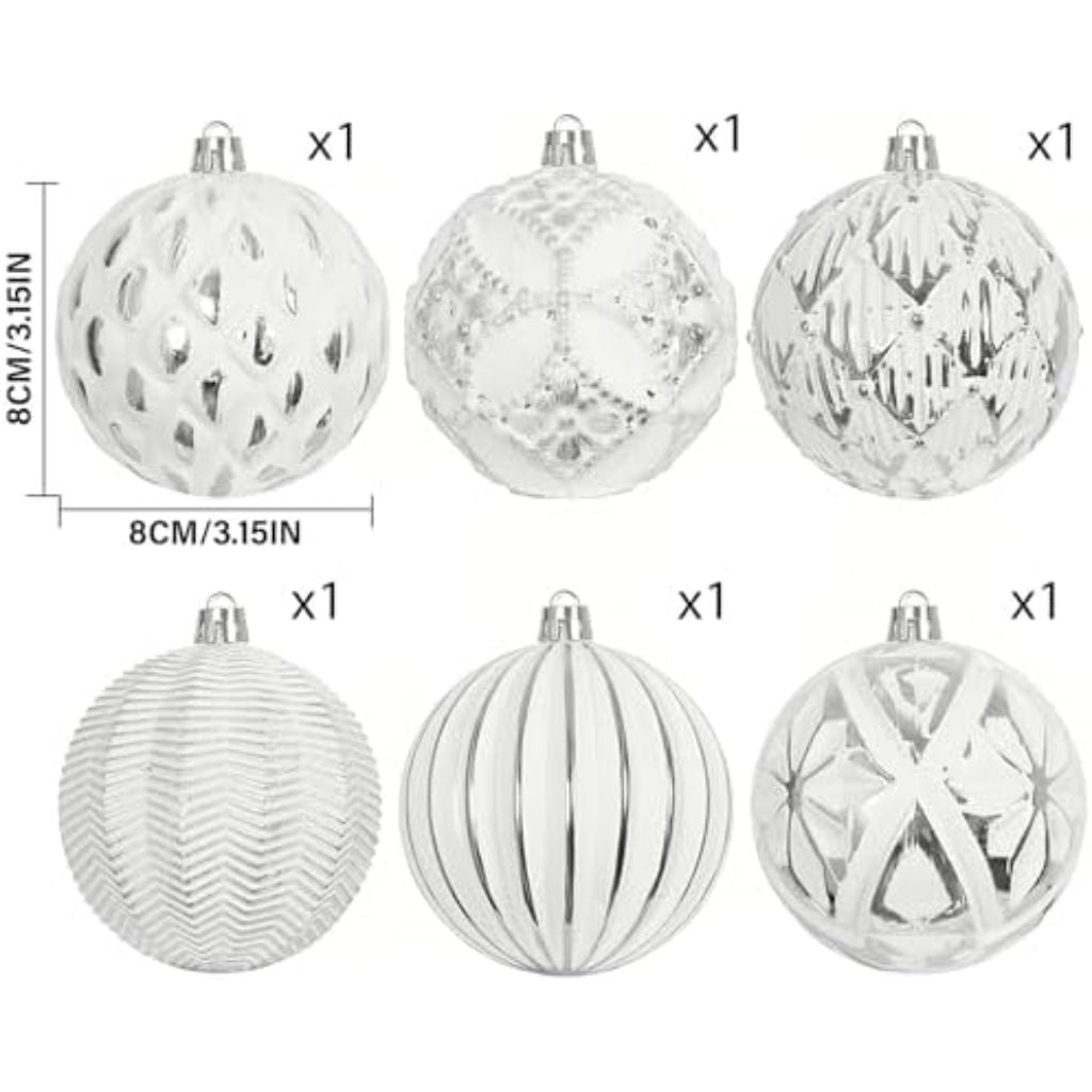 XmasExp Vintage Rustic Christmas Ball Ornaments Sets - Silver White, 6Pcs