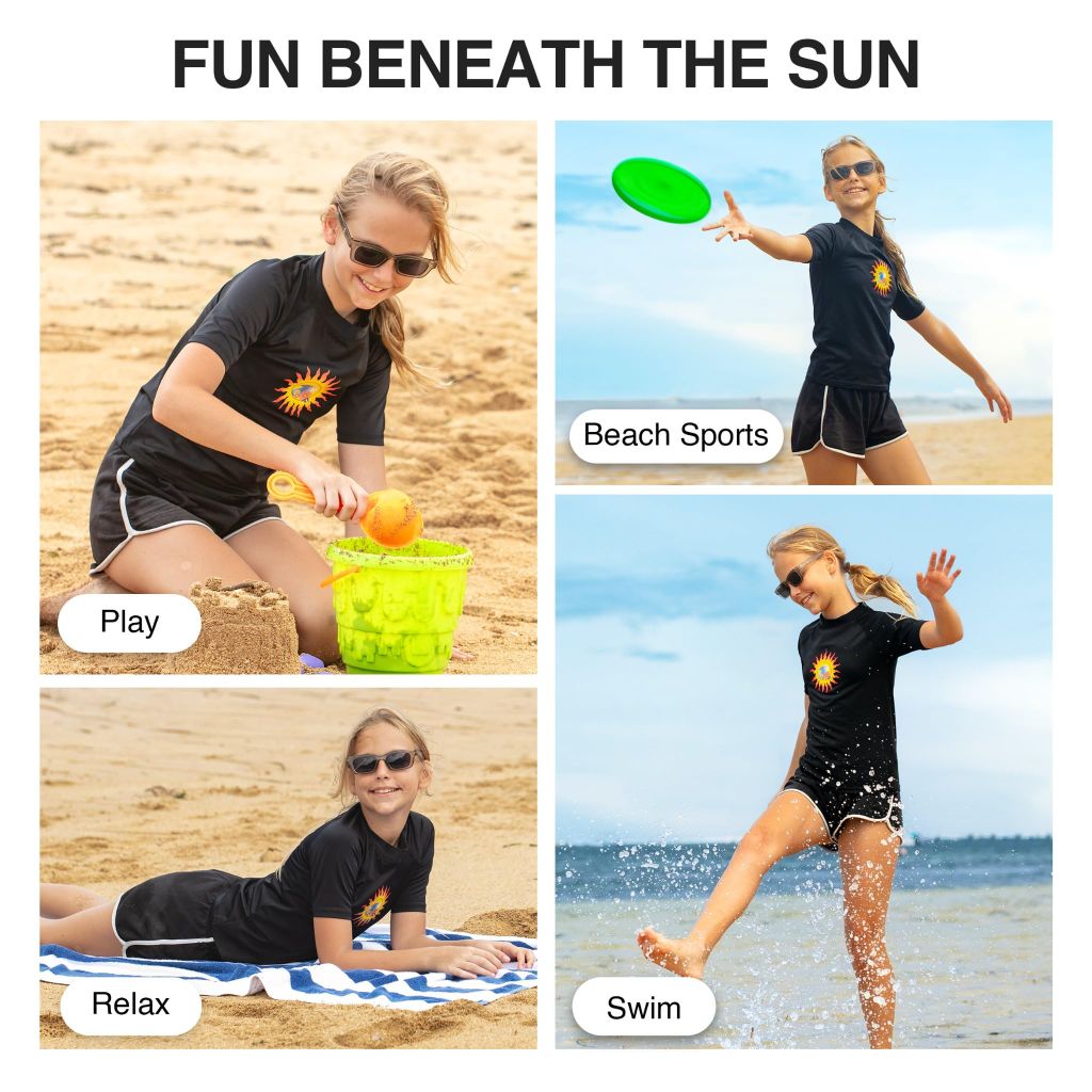 Kanu Surf Girls, Karlie Rash Guard UPF 50+ Sun Protection Short Sleeve Swim Shirt, Annie Black, 14-16