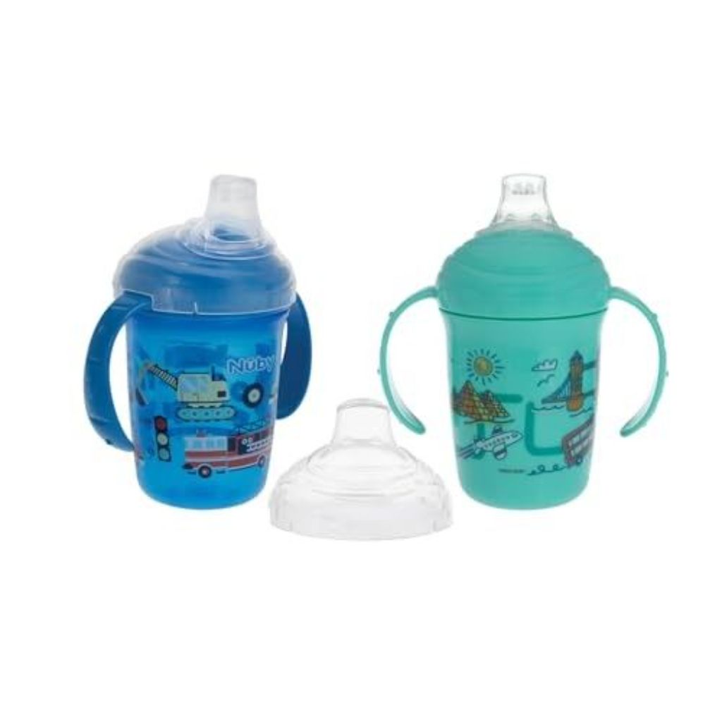 Nuby No-Spill Two Handle Spout Cup with Hygienic Cover | 2 Pack:  Aqua Ocean & Pink Animals | 8oz/ 4months+