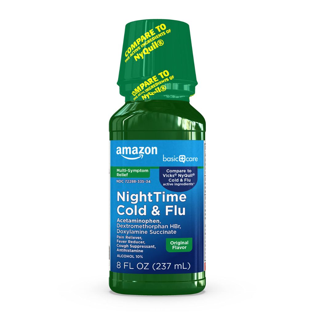 Amazon Basic Care Nighttime Cold & Flu Relief, Maximum Strength Multi-Symptom, 8 fl oz