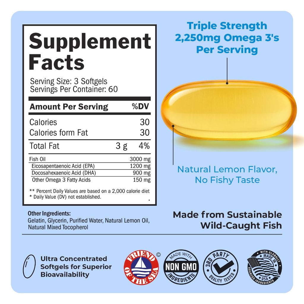 Triple Strength Omega 3 Fish Oil 3000mg - 180 Softgels
