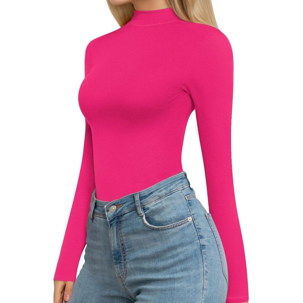 MANGOPOP Women's Turtle Neck Long Sleeve Shirt, Fitted, Rose Pink, Small