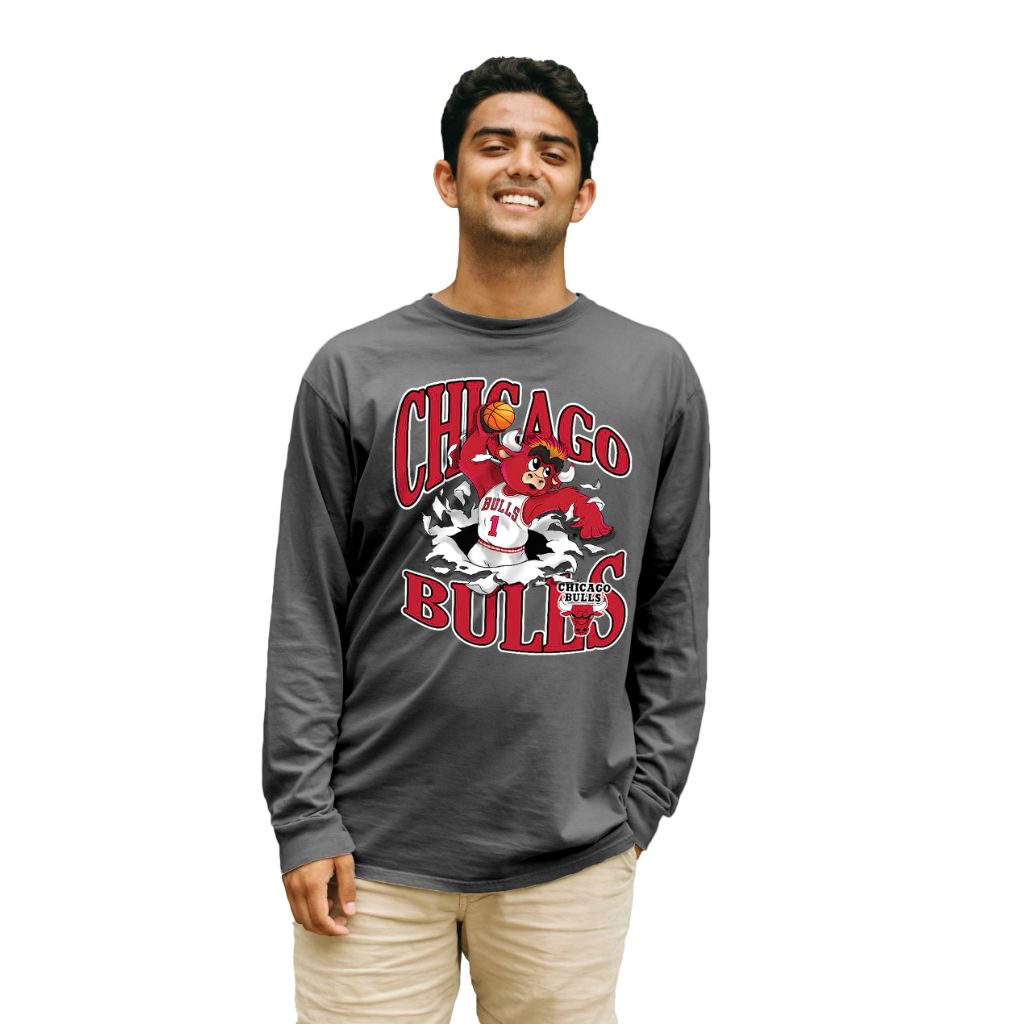 Chicago Bulls NBA Officially Licensed Long Sleeve T-Shirt Ringspun Slam Mascot Black, Medium