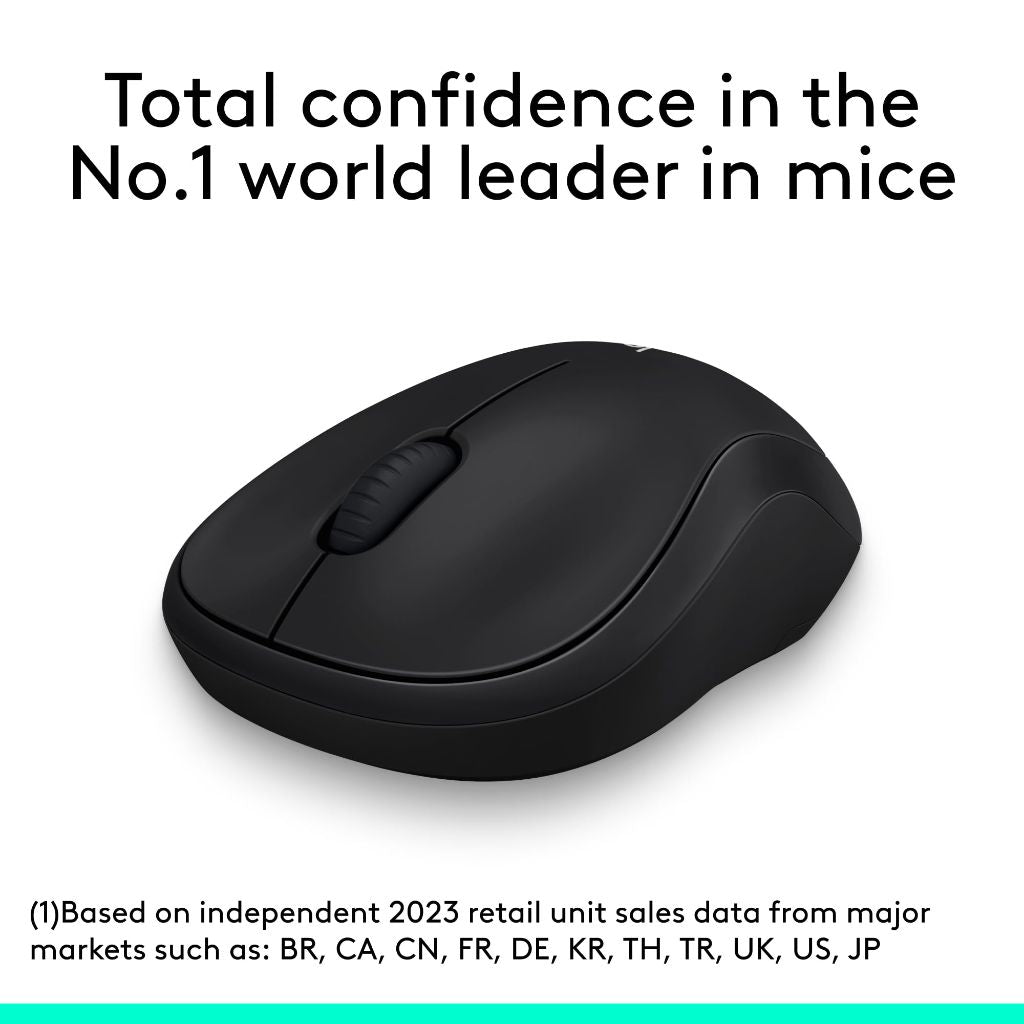 Logitech M185 Wireless Mouse, 2.4GHz with USB Mini Receiver, 12-Month Battery Life, 1000 DPI Optical Tracking, Ambidextrous, Compatible with PC, Mac, Laptop - Black