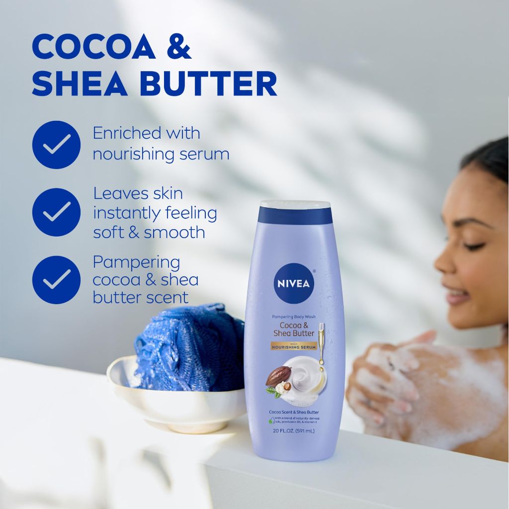 NIVEA Pampering Cocoa and Shea Butter Body Wash with Nourishing Serum, 20 Fl Oz Bottle