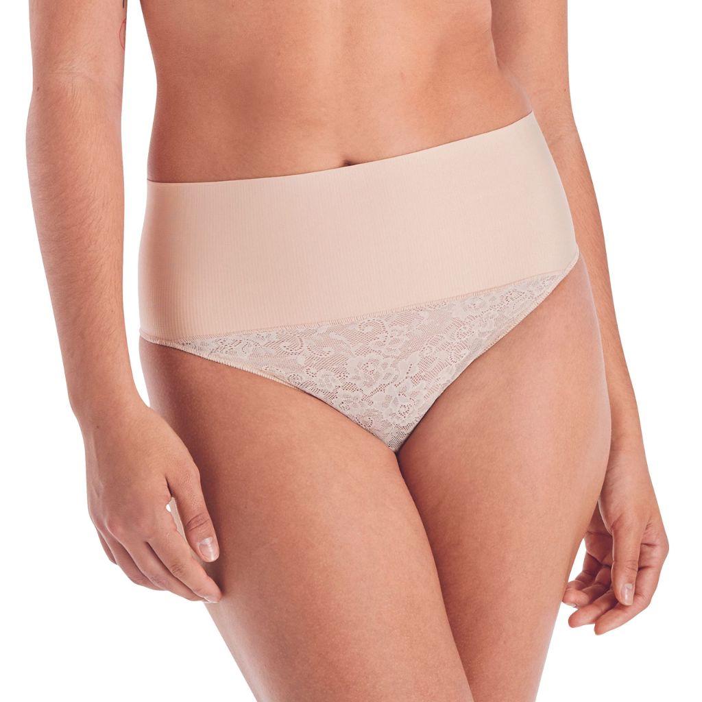 Maidenform Women's Lace Tummy Control Shapewear Underwear Thong, Breathable, Firm Nude 1/Transparent, 2XL